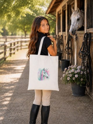 Torba bawełniana z miętowym jednorożcem z kolorową grzywą - 38 × 42 cm