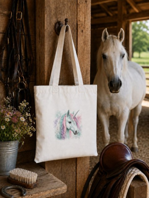 Torba bawełniana z miętowym jednorożcem z kolorową grzywą - 38 × 42 cm