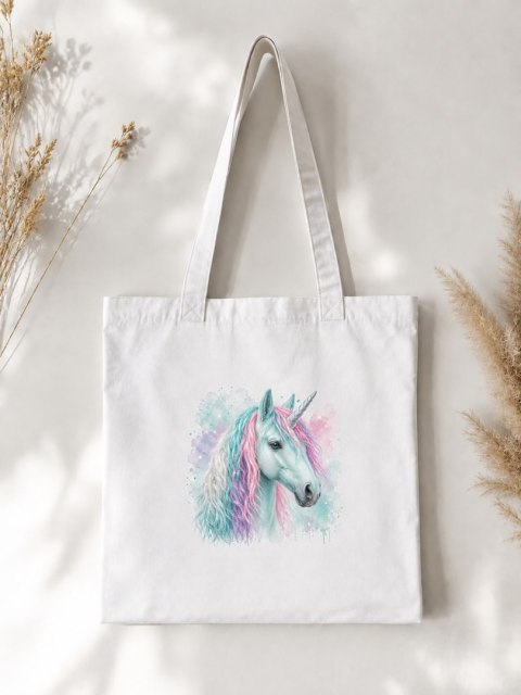 Torba bawełniana z miętowym jednorożcem z kolorową grzywą - 38 × 42 cm