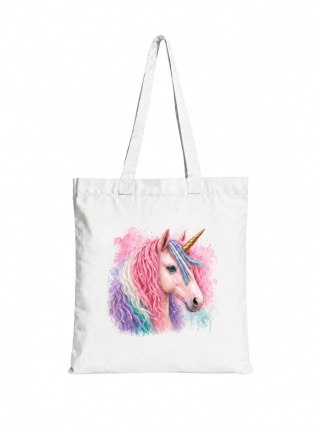 Torba bawełniana z różowym jednorożcem z kolorową grzywą - 38 × 42 cm