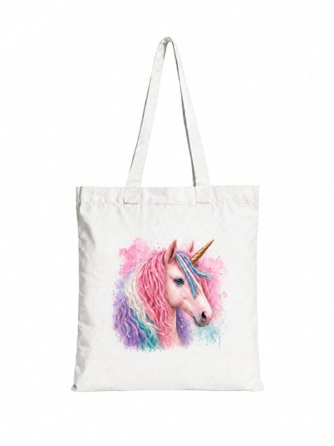 Torba bawełniana z różowym jednorożcem z kolorową grzywą - 38 × 42 cm