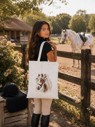 Torba bawełniana ze srokatym tobiano koniem z białą grzywą - 38 × 42 cm