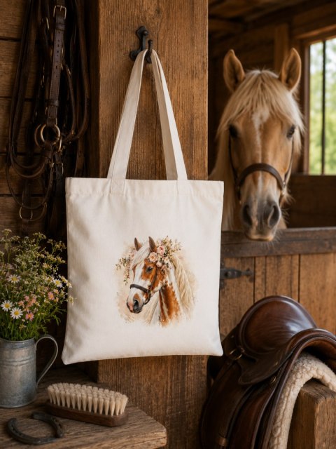 Torba bawełniana ze srokatym tobiano koniem z białą grzywą - 38 × 42 cm