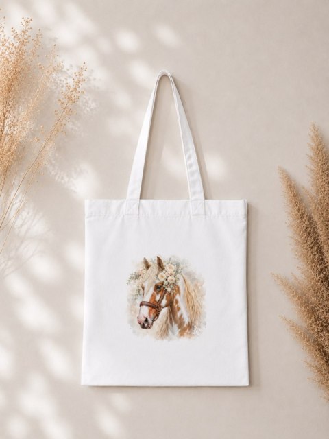 Torba bawełniana ze srokatym tobiano koniem z białą grzywą - 38 × 42 cm