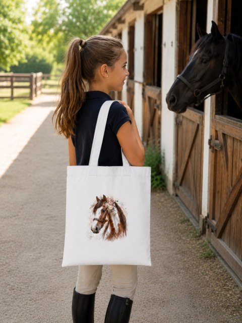 Torba bawełniana ze srokatym tobiano koniem z brązową grzywą - 38 × 42 cm