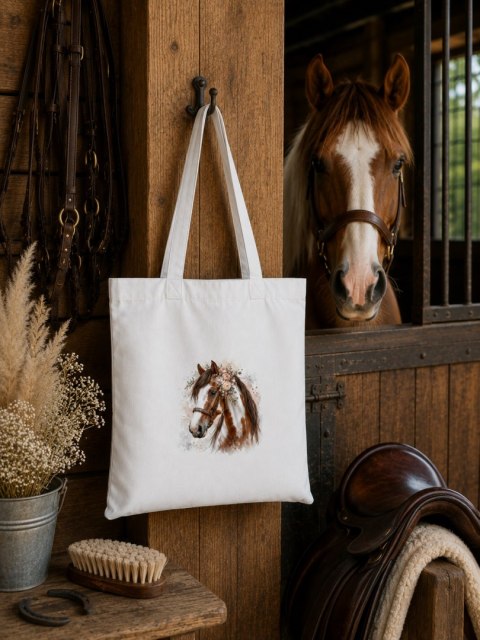 Torba bawełniana ze srokatym tobiano koniem z brązową grzywą - 38 × 42 cm