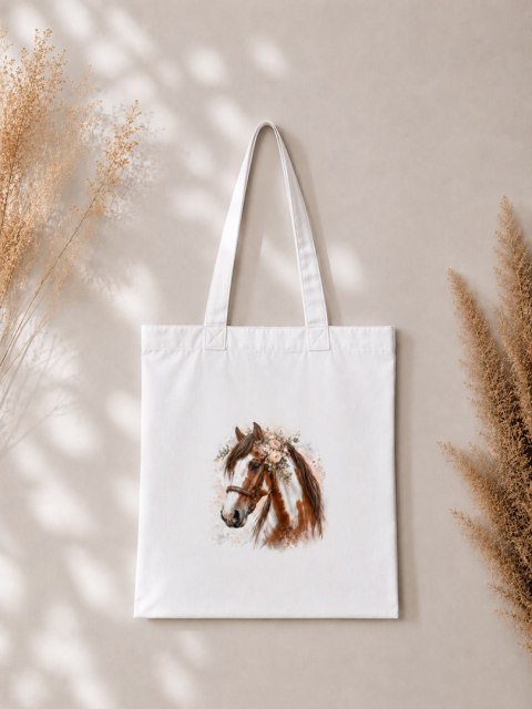 Torba bawełniana ze srokatym tobiano koniem z brązową grzywą - 38 × 42 cm