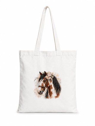 Torba bawełniana ze srokatym tobiano koniem z czarną grzywą - 38 × 42 cm