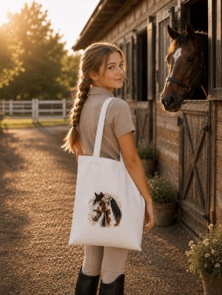 Torba bawełniana ze srokatym tobiano koniem z czarną grzywą - 38 × 42 cm