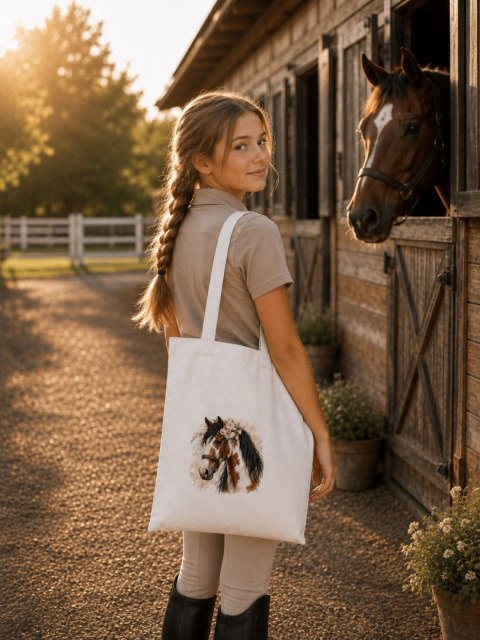 Torba bawełniana ze srokatym tobiano koniem z czarną grzywą - 38 × 42 cm