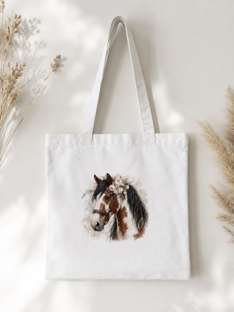 Torba bawełniana ze srokatym tobiano koniem z czarną grzywą - 38 × 42 cm