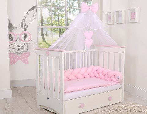 Drewniane łóżeczko dla niemowląt 120x60cm Lorenzo III biało-różowe, z osłonkami gryzakami