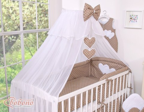 Duża moskitiera do łóżeczka dziecięcego z białego szyfonu z serduszkami i kokardą - grochy na brązie
