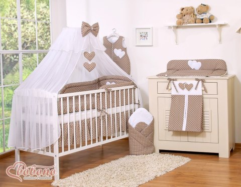 Duża moskitiera do łóżeczka dziecięcego z białego szyfonu z serduszkami i kokardą - grochy na brązie