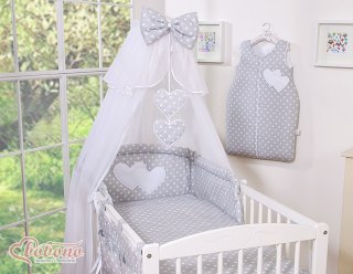 Duża moskitiera do łóżeczka dziecięcego z białego szyfonu z serduszkami i kokardką -grochy na szary
