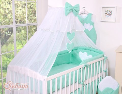 Duża moskitiera do łóżeczka dziecięcego z białego szyfonu z serduszkami i kokardką - miętowe