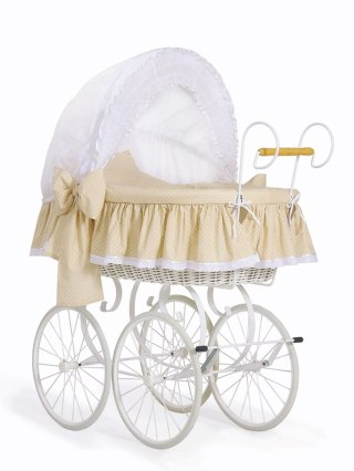 Wiklinowy kosz Mojżesza Retro ze składaną budką Christine - biały + beżowa pościel z koronką