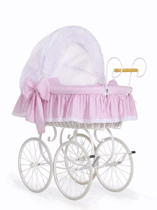 Wiklinowy kosz Mojżesza Retro ze składaną budką Christine - biały + różowa pościel z koronką