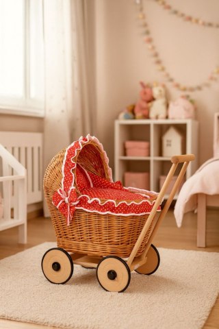 Wiklinowy wózek dla lalek pchacz z czerwoną pościelką i miękką wyściółką CHIARA - naturalny