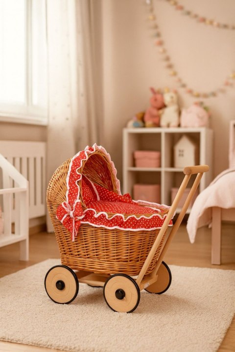 Wiklinowy wózek dla lalek pchacz z czerwoną pościelką i miękką wyściółką CHIARA - naturalny