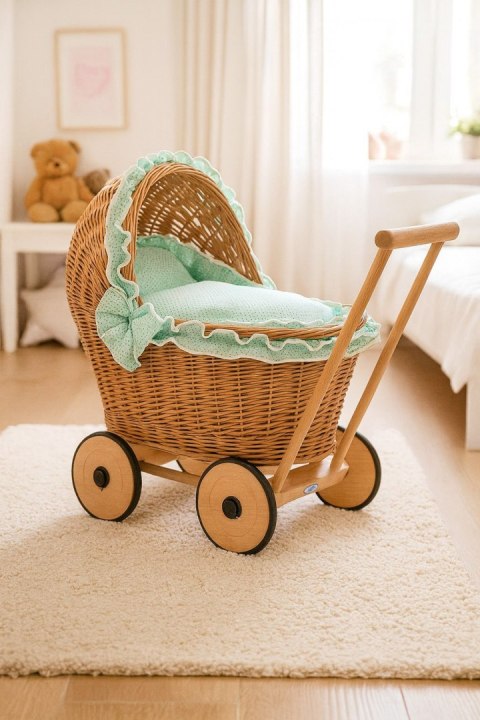 Wiklinowy wózek dla lalek pchacz z miętową pościelką i miękką wyściółką CHIARA - naturalny