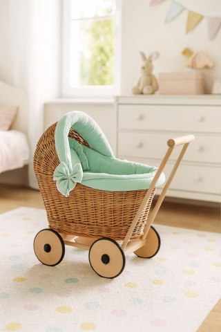 Wiklinowy wózek dla lalek pchacz z miętową pościelką i miękką wyściółką STELLA - naturalny