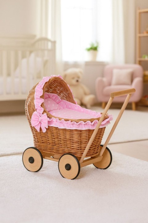 Wiklinowy wózek dla lalek pchacz z różową pościelką i miękką wyściółką CHIARA - naturalny