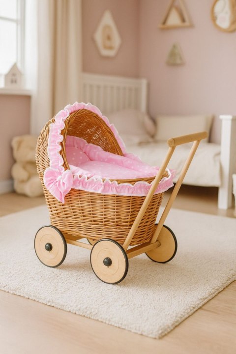 Wiklinowy wózek dla lalek pchacz z różową pościelką i miękką wyściółką CHIARA - naturalny