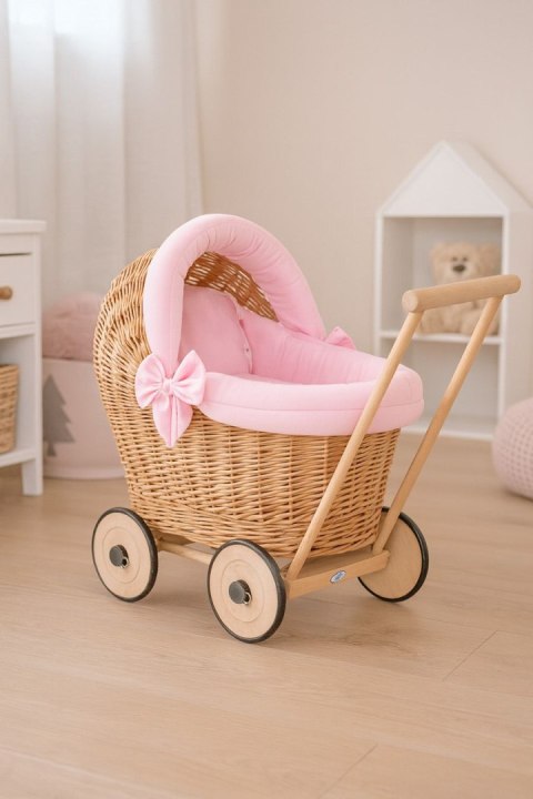 Wiklinowy wózek dla lalek pchacz z różową pościelką i miękką wyściółką STELLA - naturalny