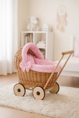 Wiklinowy wózek dla lalek pchacz z różową pościelką i miękką wyściółką STELLA - naturalny