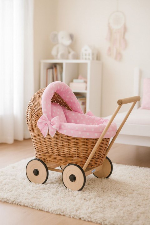 Wiklinowy wózek dla lalek pchacz z różową pościelką i miękką wyściółką STELLA - naturalny