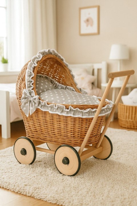 Wiklinowy wózek dla lalek pchacz z szarą pościelką i miękką wyściółką CHIARA - naturalny