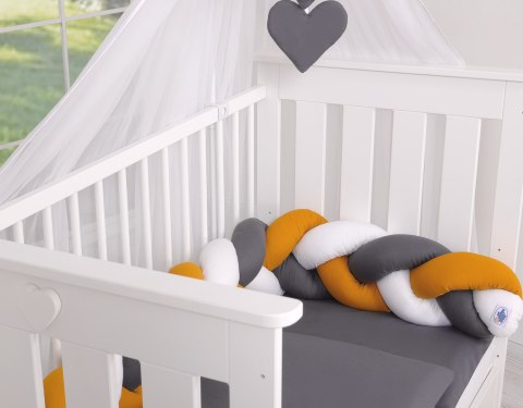 Ochraniacz warkocz pleciony do łóżeczka - biały-musztardowy-antracyt