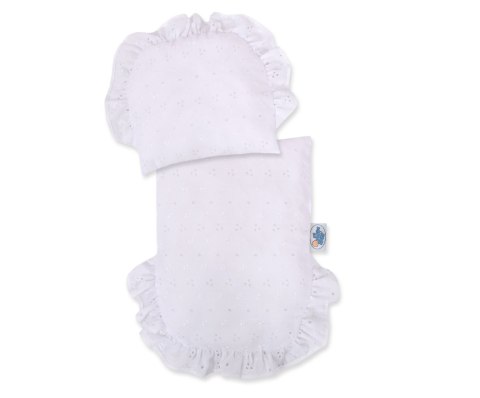 Wiklinowy wózek dla lalek pchacz z białą haftowaną pościelką i miękką wyściółką AURORA - naturalny