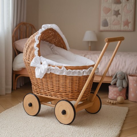 Wiklinowy wózek dla lalek pchacz z białą pościelką i miękką wyściółką CHIARA - naturalny