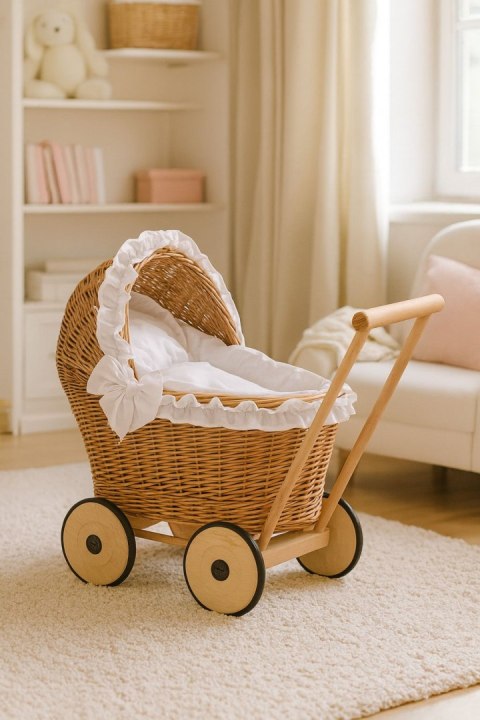 Wiklinowy wózek dla lalek pchacz z białą pościelką i miękką wyściółką CHIARA - naturalny