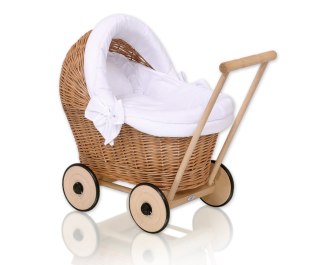 Wiklinowy wózek dla lalek pchacz z białą pościelką i miękką wyściółką STELLA - naturalny