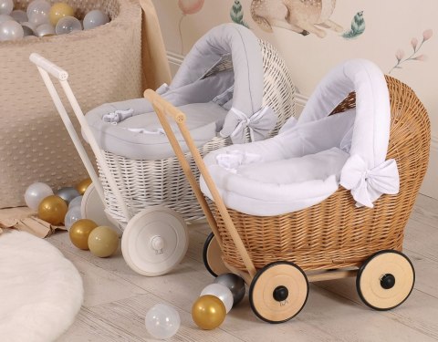 Wiklinowy wózek dla lalek pchacz z białą pościelką i miękką wyściółką STELLA - naturalny