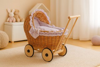 Wiklinowy wózek dla lalek pchacz z szarą pościelką i miękką wyściółką CHIARA - naturalny