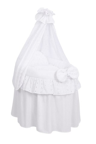 Wózek dla lalek Kosz Mojżesza dla lalek z baldachimem AURORA biały z haftowaną koronką