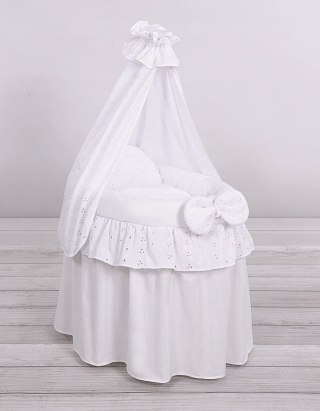 Wózek dla lalek Kosz Mojżesza dla lalek z baldachimem AURORA biały z haftowaną koronką