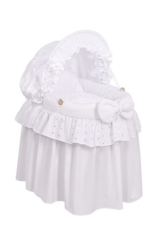 Wózek dla lalek Kosz Mojżesza dla lalek z budką AURORA biały z haftowaną koronką