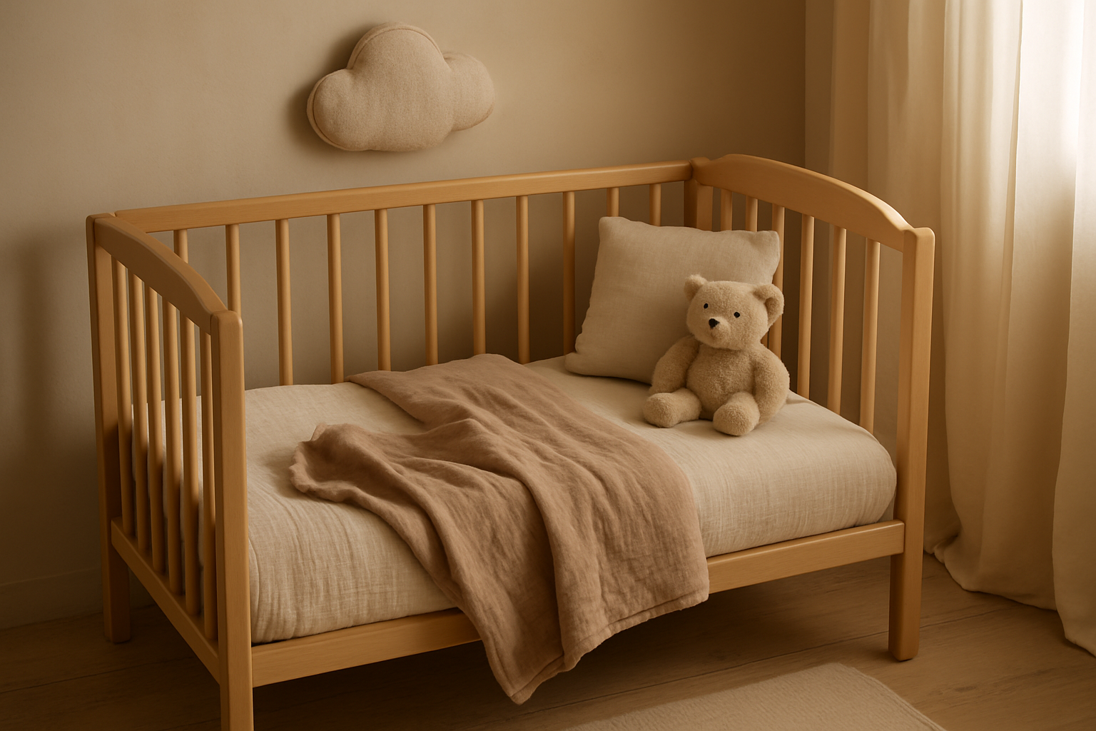 Przytulne ł&oacute;żeczko niemowlęce w naturalnych kolorach, przygotowane do snu noworodka