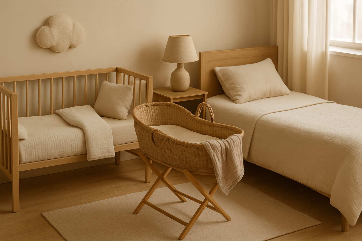 Ł&oacute;żeczko i kosz Mojżesza ustawione w sypialni rodzic&oacute;w