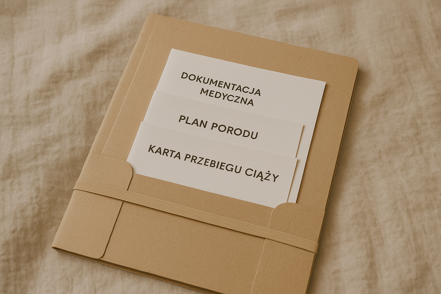 Dokumenty potrzebne do porodu spakowane w teczkę