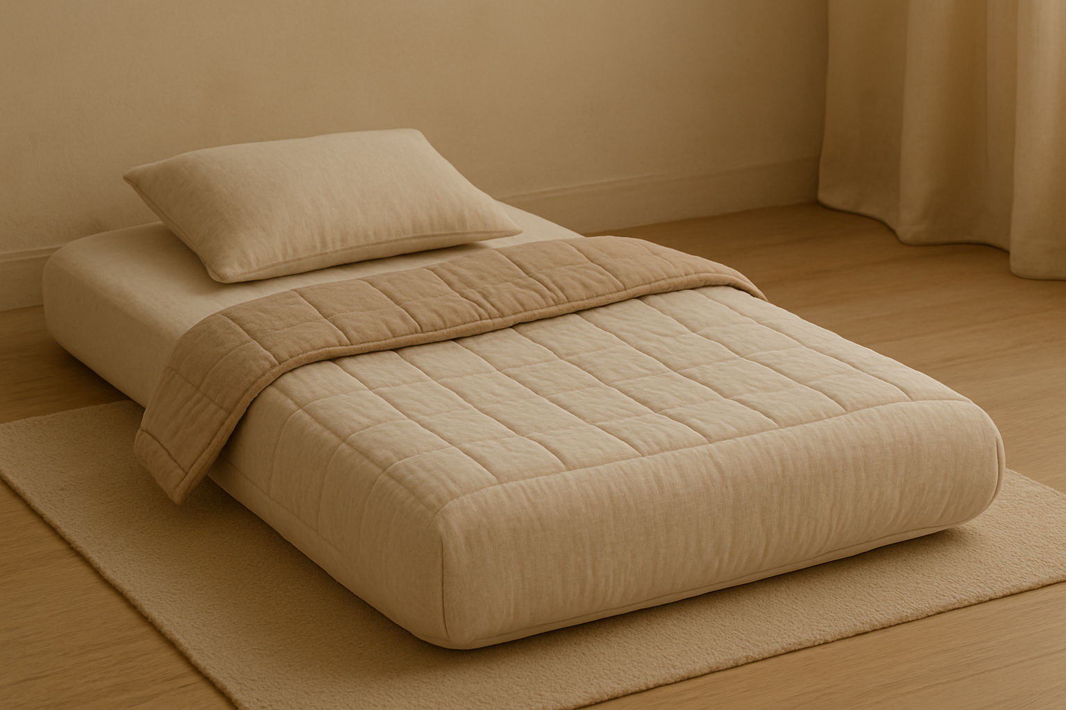 Materac niemowlęcy z dopasowanym prześcieradłem i lekką pościelą w neutralnych kolorach