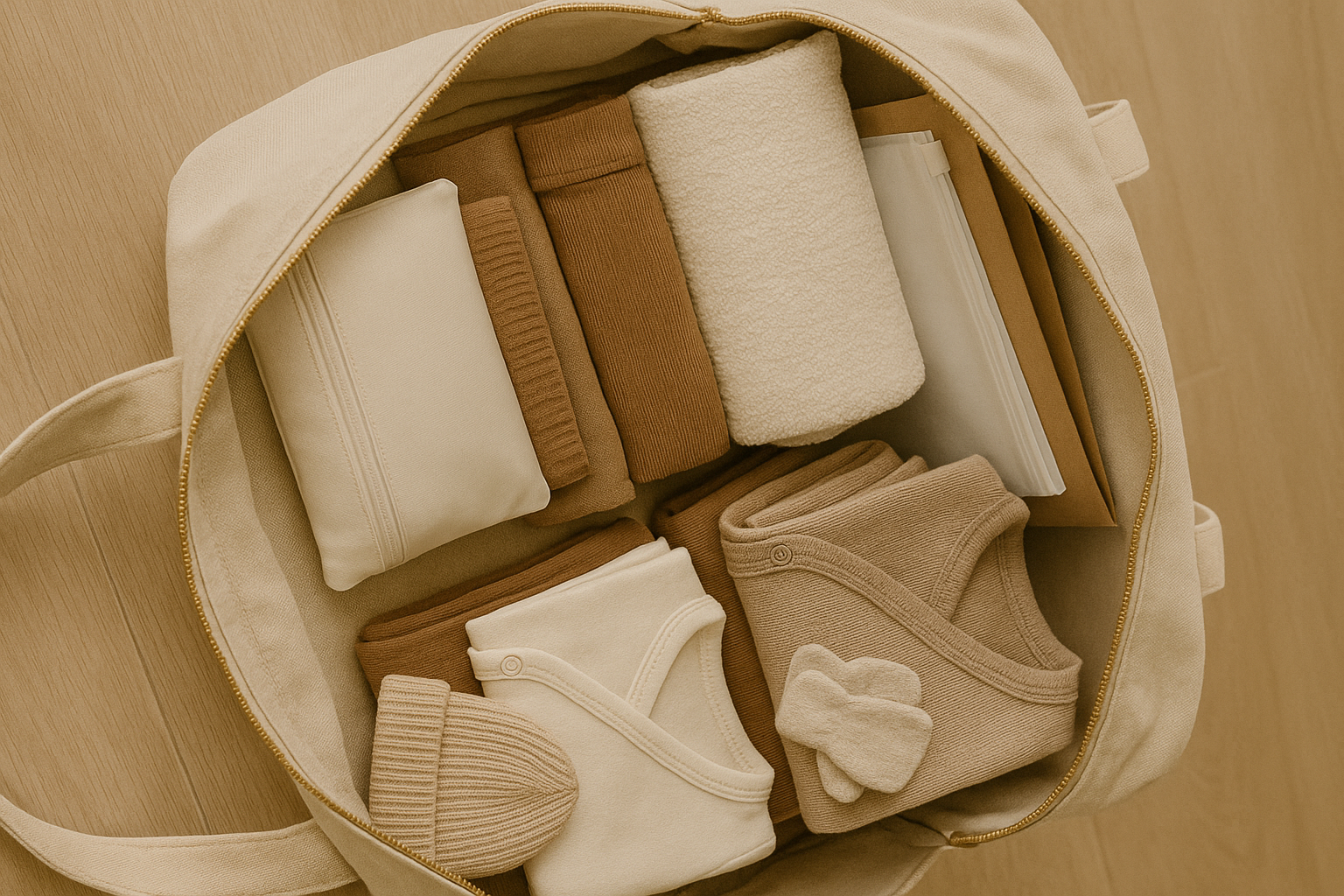 Posegregowane rzeczy do szpitala ułożone w torbie przyszłej mamy