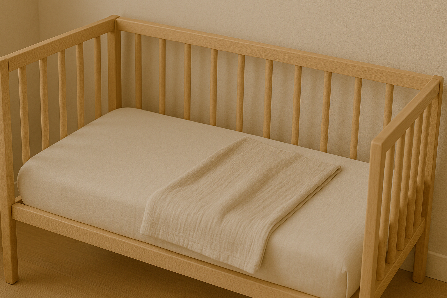 Minimalistyczne ł&oacute;żeczko niemowlęce bez zabawek, z samym prześcieradłem i lekkim kocykiem