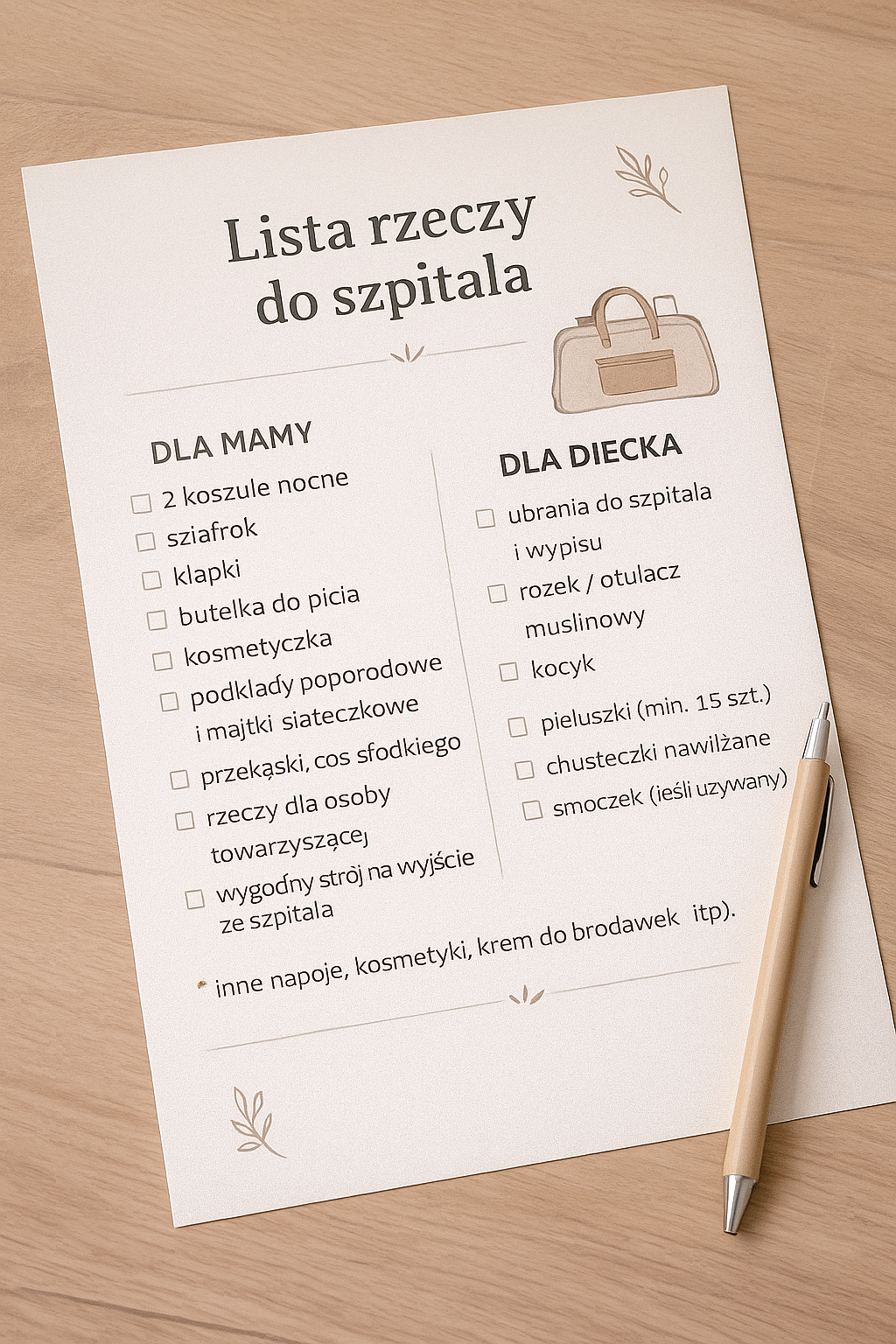 Lista rzeczy do szpitala przygotowana do wydrukowania