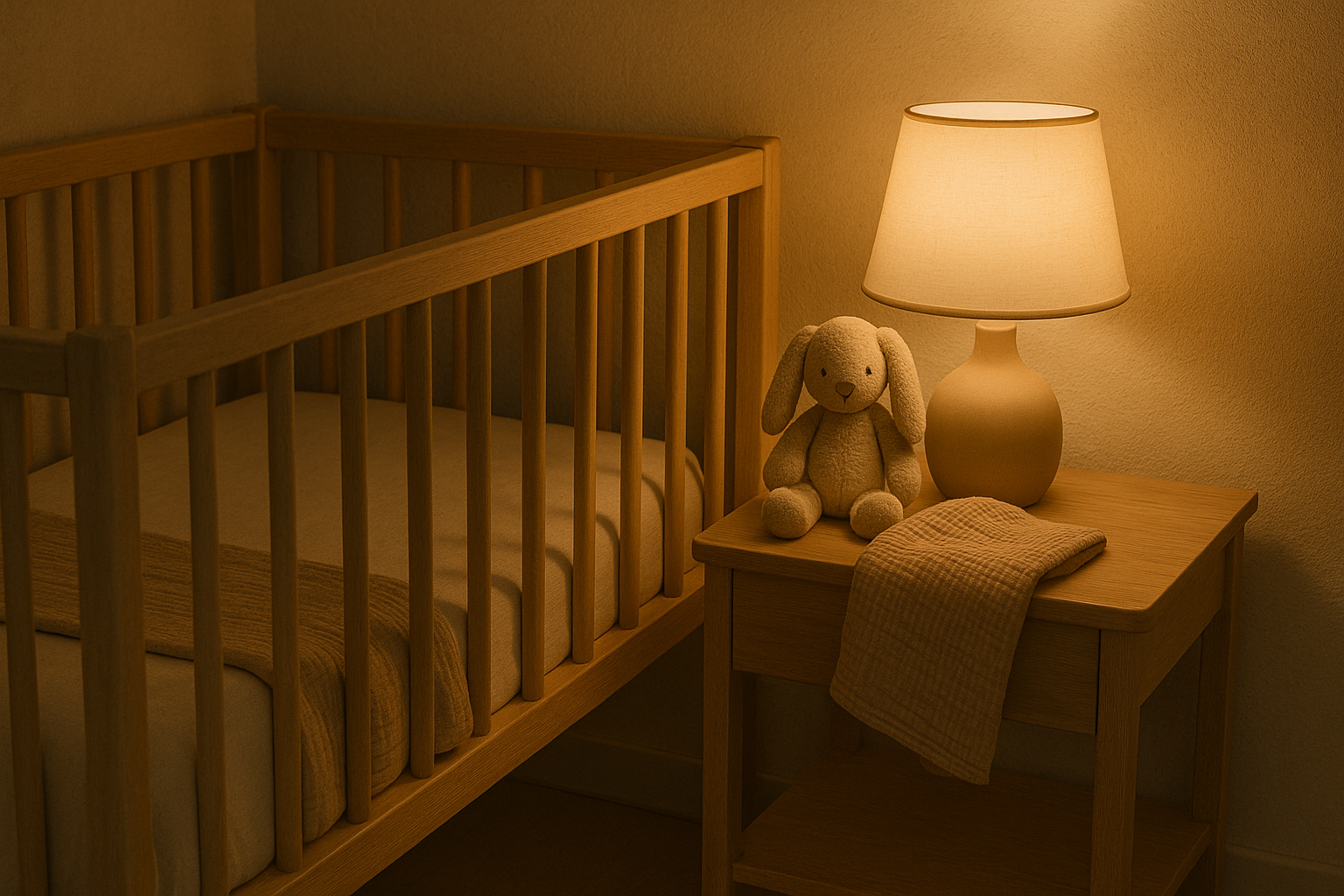 Przygotowany kącik do wieczornego rytuału snu z lampką, kocykiem i przytulanką obok ł&oacute;żeczka